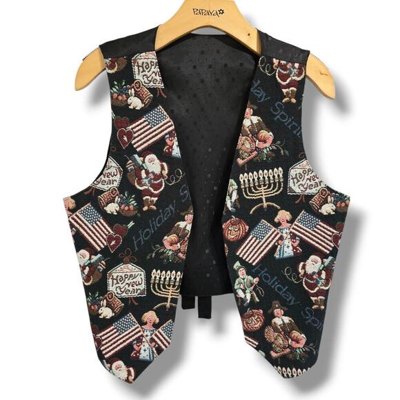 Womens Holiday Tapestry Vest Christmas Thanksgiving Hanukkah USA Flag Open Front - Picture 5 of 10